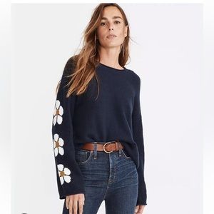 Madewell Belmore Floral-Sleeve Pullover Sweater in Coziest Textured Yarn